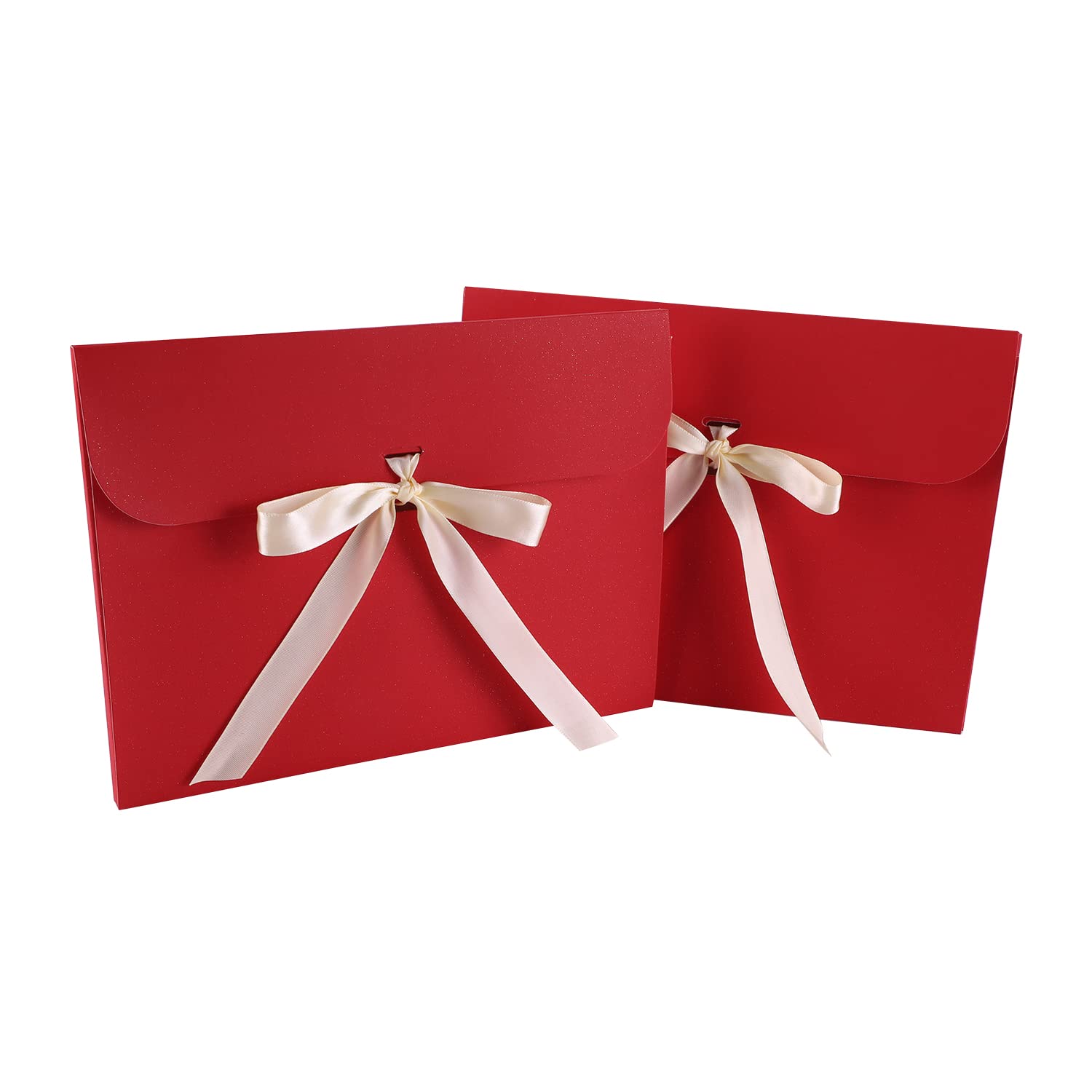 10Pcs Flat Gift Envelopes Voucher Present Box Cardboard with Ribbon Red Textured Rectangle Gift Boxes for Vouchers Cards Christmas Birthday Wedding Invites Letters Accessories 24×18.5×0.8cm