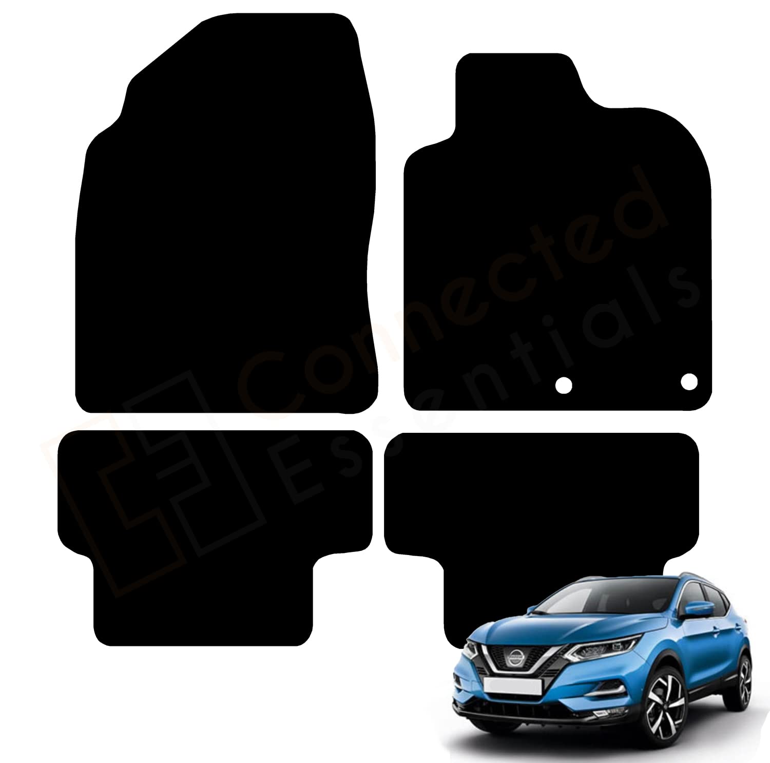 Fully Tailored Car Mats for Nissan Qashqai 2014-2021 (J11), Set of 4 Floor Mats, Black with Black Trim with 2 Safety Clips by Connected Essentials