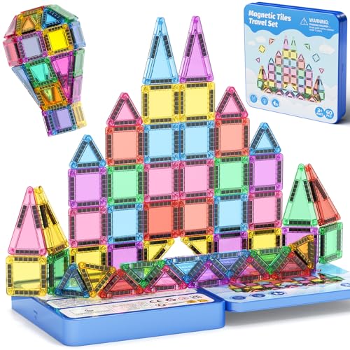 Magnetic Building Blocks Travel Toy, 60-Piece Magnetic Tiles Travel Set with Iron Box, Creativity Mini Magnetic Tiles Sensory Toy Birthday Gift for Children 3 4 5 6 Years
