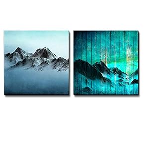Mountains Over a Blue Watercolor Gradient Background Along with Mountains Over Teal Wooden Panels - Canvas Art Home Art - 12x12 inches