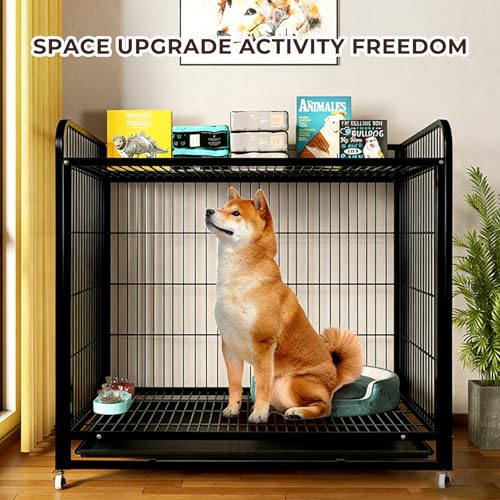 Beauenty Dog Cage, Heavy Duty 95cm Dog Crate, Dog Kennel for Small/Medium/Large Dogs, with Removable Tray, Double Doors with Locks Design with 4 Wheels and Reinforced Baseplate (Black)