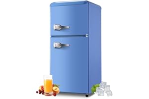 KRIB BLING 3.5 Cu.ft Compact Refrigerator, Mini Fridge with Freezer, Retro Design Small Refrigerator with 2 Door, 7 Level Temperature for Home, Office, Dorm or Apartment, Blue
