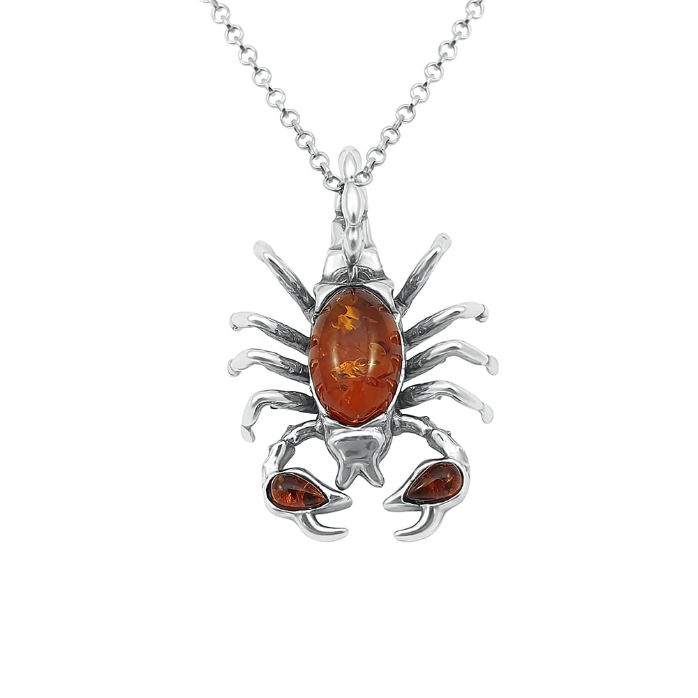 Kiara Jewellery 925 Sterling Silver Scorpion Pendant Necklace Inlaid With Baltic Cognac Amber on 18" Sterling Silver Chain.
