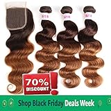 2 Tone Ombre Hair 3 Bundles With Closure Brazilian Virgin Hair Body Weft Human Hair Extensions T4/30 Medium Brown/Medium Auburn (20 22 24with18)