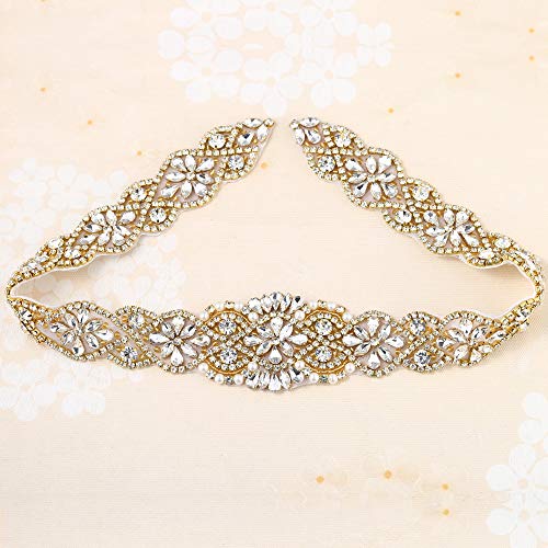 FANGZHIDI Bridal Rhinestone Appliques, 23.4 Inches Gold Beaded Patches with Sparkle Clear Crystal Stone and Pearls- Best for DIY on Wedding Dress, Sew on or Iron on Bridal Belt Sash, Wedding Cake