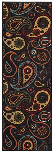 Custom Size Runner Black Multicolor Paisley Floral Non-Slip (Non-Skid) Rubber Back Stair Hallway Rug by Feet 22 Inch Wide Select Your Length ((: FREE COURTESY GIFT :))