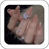Kenjudess Bohemian Butterfly Crystal Pendant Chain Rings - Vintage Silver Gothic Adjustable Finger Rings for Women (Style B)