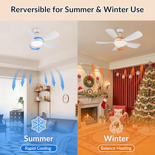 Newday 42 White Ceiling Fan with Remote Control, Dimmable LED, Reversible 5 Blades, Quiet DC Motor, 6 Speeds, Memory Function for Bedroom, Living Room, Patio