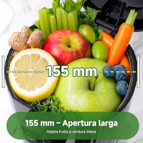 Estrattore di Succo, Bocca 155mm, 2,5L, Separatore della Schiuma, 2 Filtres, Pressione Automatica, Succo Puro e Vellutato, Silenzioso e Facile da Pulire, Ideale per Famiglia e Colazione
