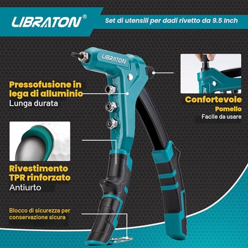 Libraton 9.5 Inch Professional Rivet Nut Rivet Gun Threaded Insert Manual Pliers Rivet Nut with 40pcs Nuts M3 M4 M5 M6 Interchangeable Mandrels 4pcs for Threaded Inserts