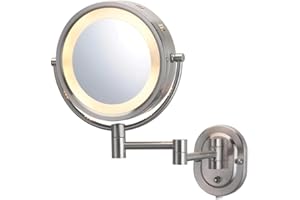 JERDON Wall-Mounted Makeup Mirror with 5X Magnification - Nickel Makeup Mirror with LED Lights - Plug in - HL65N