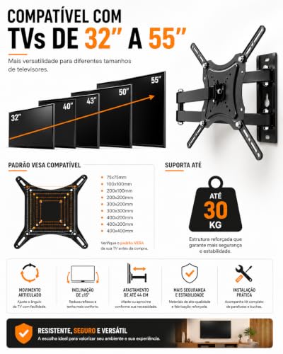 Suporte Articulado para TV 32 a 55 Pol Universal Ajustável até 30kg | Ajuste livre, Metálico, Padrão Vesa, Suporte articulado, Parede TV, 32 a 55 polegadas, Até 30kg