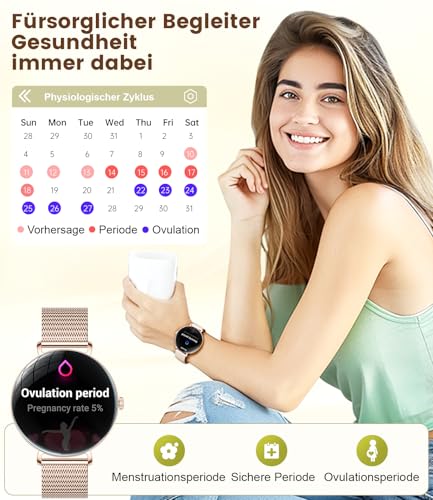 ESFOE Reloj Inteligente Mujer,1.43" AMOLED Smartwatch Mujer con Llamadas/24H Sueño/Pulsómetro/SpO2,Función Femenina 120 Modos Deportivos IP68 Pulsera Actividad Calorías Podómetro Android iOS Oro Rosa