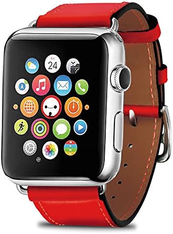 For Apple watch band iWatch Genuine Leather straps Single tour apple watch band Replacement with Stainless Steel Adapter Clasp for iWatch Series 3/2/1/Edition/Sport 42mm 38mm men women (Red, 38mm)