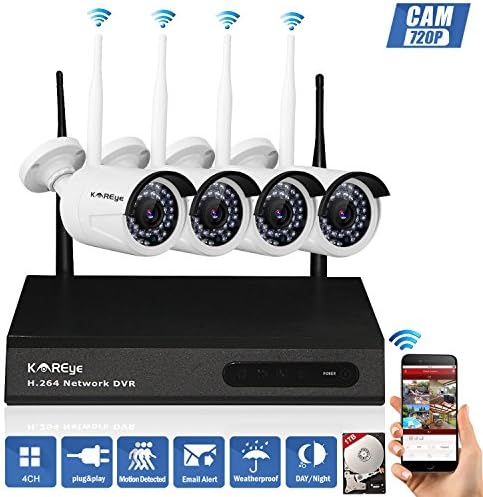 KAREye HD 1.3-Megapixel (1280 x 960P) 4Ch Network POE Video Security System (NVR Kit) - 4 Pcs 1.0MP POE Outdoor Bullet IP Cameras, 98ft Night Vision, 1TB HDD