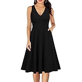 WOOSEA Women's Sleeveless V Neck Vintage Pockets Swing Business Church Dress