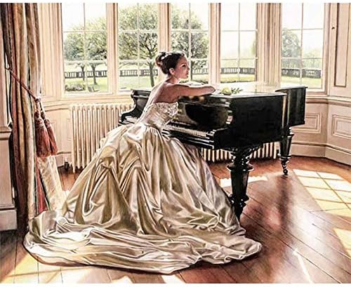 5D DIY Diamond Painting by Number Kits, Dress Girl Piano 18x12 inch / 45x30 cm