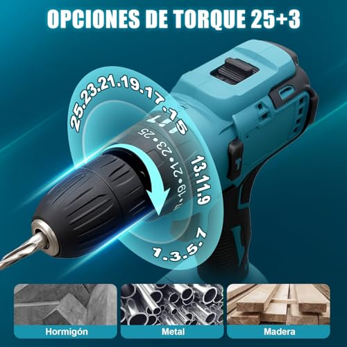 Taladro y Llave de Impacto Inalámbricos 2 en 1, Kit de Herramientas Eléctricas, Pistola de Impacto 21V 650NM, Motor Sin Escobillas, Taladro Atornillador 25+3, 2 velocidades, 29 piezas, Incluye Caja