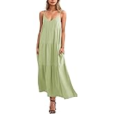 Febriajuce Women’s Summer Maxi Dress Casaul Spaghetti Straps Solid V-Neck Backless Cami Dresses with Two Pockets