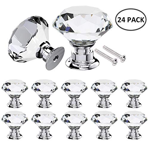 24 Pack Anti-Scratch Drawer Knob Crystal Glass Cabinet Knobs, Diamond Shape Dresser Bookcase Knob Cupboard Wardrobe Pulls Handles 30mm, for Home Kitchen Drawer