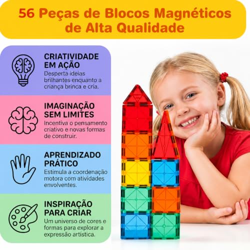 Blocos Magneticos Infantil de Montar Peças, Brinquedo Educativo Construção Infantil 2D, 3D, Jogo Pedagógico para Coordenação Motora, Raciocínio Lógico, Criatividade e Aprendizado STEM (56 peças)