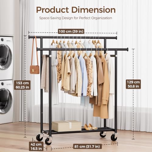 HYSEYY Double Rods Clothing Rack, Rolling Clothes Rack for Hanging Clothes, Portable Garment Rack with Wheels, Coat Rack Wardrobe Closet Load 240 LBS for Bedroom, Laundry Room