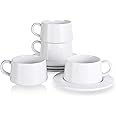 Kanwone Porcelain Stackable Cappuccino Cups with Saucers - 8 Ounce for Specialty Coffee Drinks, Cappuccino, Latte, Americano and Tea - Set of 4, White