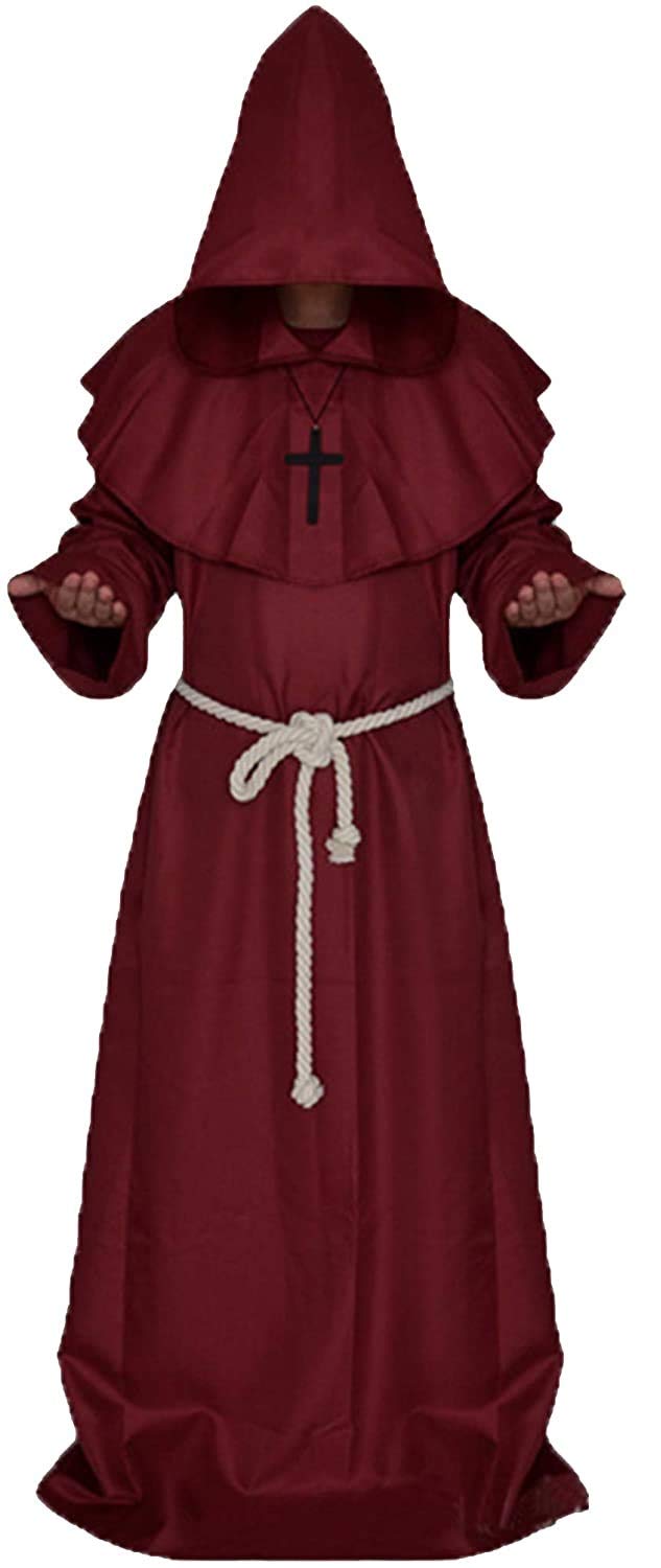 chuangminghangqi Monk’s Robes Priest Costume Medieval Costume Renaissance Priest Robe Halloween Cosplay Wine Red S