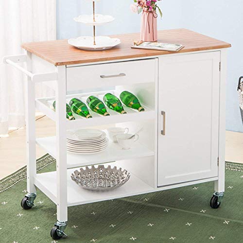 Kitchen Cart Island On Wheels,JULYFOX Kitchen Trolley Microwave Cart with Storage Drawers Cabinet 3 Shelves Wine Rack Solid Wood Breakfast Cart 34 inches Tall Bar Table for Small Spaces White and Oak
