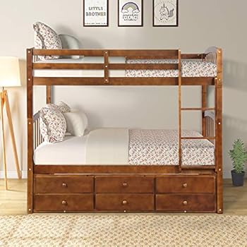 Trundle Bunk Bed, Twin-Over-Twin Trundle Bunk Bed with Ladder and Storage Drawers for Kids and Teenagers. (Walnut)