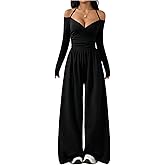 Verdusa Women's Y2K Long Sleeve Jumpsuit Halter Wide Leg Jumpsuits One Piece Cold Shoulder Wrap Rompers