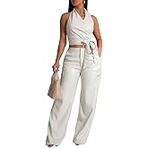 WOKANSE Womens PU Leather Stretchy 2 Piece Outfit Belted Sleeveless Halter Tops and Straight Leg Pants Set with Pocket