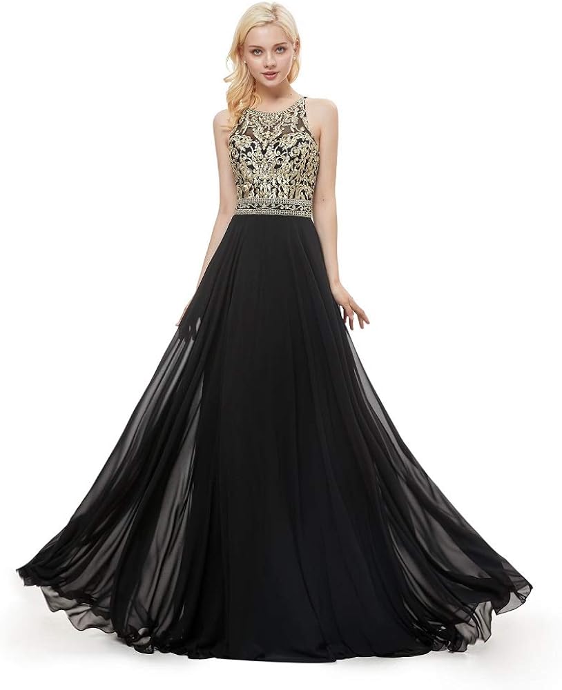wangmengzi Evening Dress Gold Embroider Prom Dress A line Black Chiffon