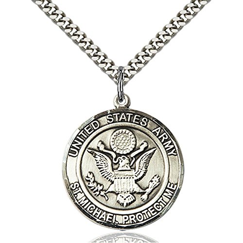 Sterling Silver ARMY/ST. MICHAEL Pendant 1 x 7/8 inches with Heavy Curb Chain