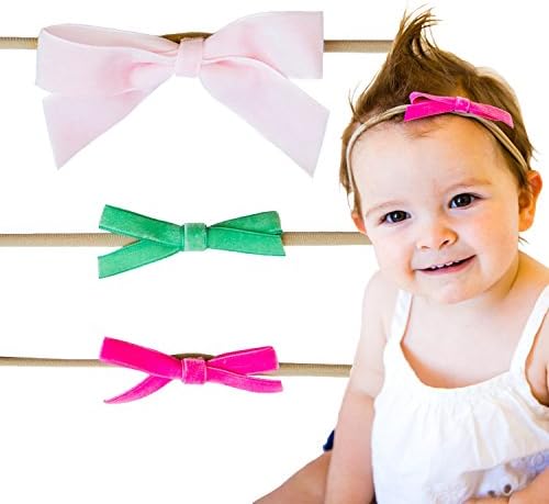 3 Baby Girl Hair Bows on Nylon Headbands | Velvet Multi-Pack | By Scarlett Robin