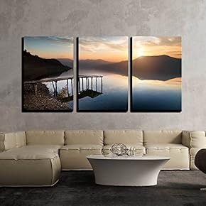 3 Piece Canvas Wall Art - Fishing Jetty on Mountain River at Sunset - Modern Home Art Stretched and Framed Ready to Hang - 16"x24"x3 Panels