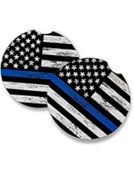 Thin Blue Line | Car Coasters for drinks Set of 2 | Perfect Car Accessories with absorbent coasters. Car Coaster measures 2.56 inches with rubber backing.