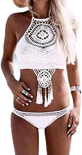 ColourfulWomen Woven Solid Colored Macrame 2pcs Set Lace Trim Bikini Swimsuits Swimdress Cami White XS