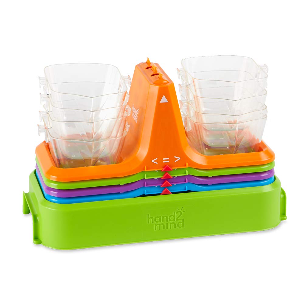 hand2mind Colorful Nestable Bucket Balance, Clear Double Bucket Balance Scale for Liquids and Solids, Easy to Assemble Kids Scale, Space Saving Storage Base, Balance Scale for Classroom (Set of 4)