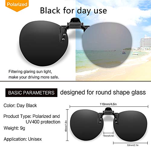 Splaks Round Clip-on Sunglasses, Unisex Round Polarized Frameless Round Clip on Lens Flip Up Clip on Prescription Sunglasses Polarizedd Eyeglass, 2-Piece Clip on Sunlasses (2 Black)
