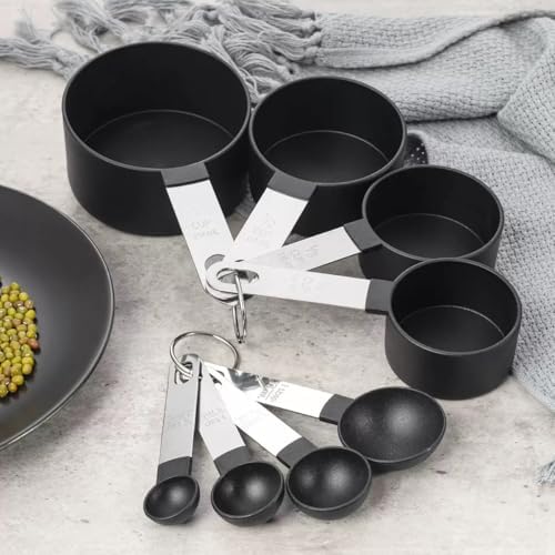 Juego de 8 tazas y cucharas medidoras, cucharas medidoras apilables negras para medir ingredientes secos y líquidos, cucharadita pequeña con cabeza de plástico