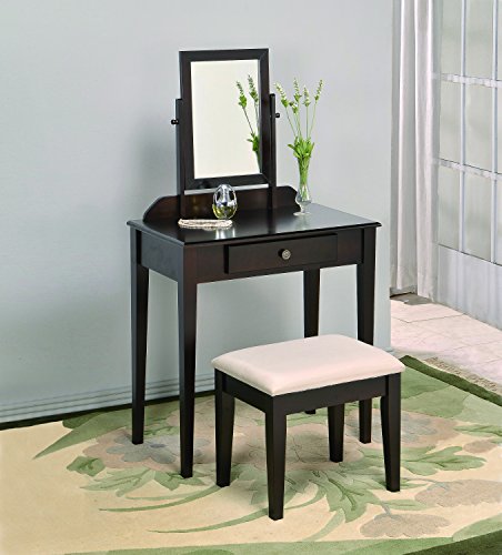 Crown Mark Iris Vanity Table/Stool, Espresso Finish with Beige Seat - Thumbnail 2
