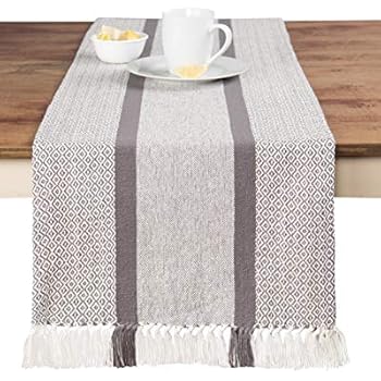 Sticky Toffee Cotton Woven Table Runner with Fringe, Traditional Diamond, Gray, 14 in x 72 in