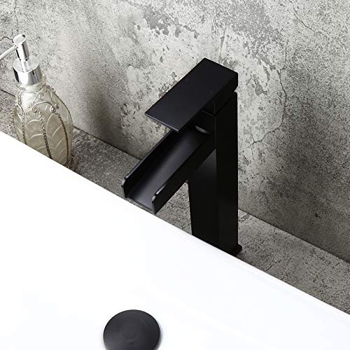 Homary Modern Solid Brass Matte Black Waterfall Bathroom Vessel Sink