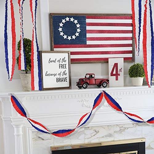 Red Blue White Crepe Paper Streamers for Fourth/4th of July USA American Independence Day Celebration Party Flag Garland Hanging Bunting Decoration for Birthday/Wedding/Baby Shower/Cavinal
