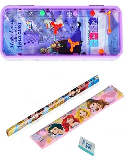 School Mate Pinball Game on top Password Protected Disney Frozen Theme Double Layer Pencil Box Stationery holder for boys and Girls with free Gift Pencil, Scale and Eraser Geometry Box pencil pouch