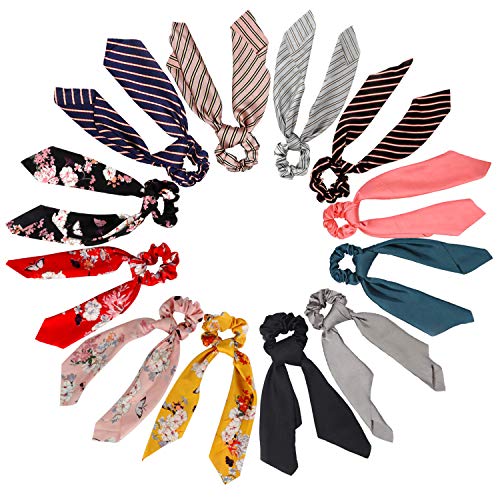 Silk Satin Hair Scrunchies Scarf, 12 Pcs Ribbon Bow Scrunchies, Soft Scarf Hair Ties Bowknot Ponytail Holder for Women Girls, Including 4 Solid Colors & 4 Stripe Styles & 4 Flower Pattern