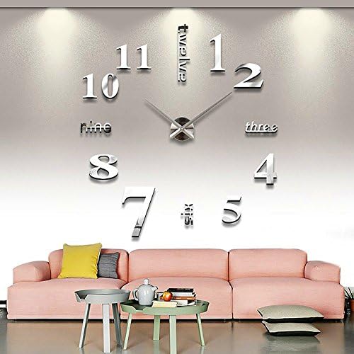 Aenmil Modern Wall Clock 3D Mirror Wall Clock Large Mute DIY Frameless Clock with Numbers Wall Sticker Clock Decoration for Home Office by (Silver)