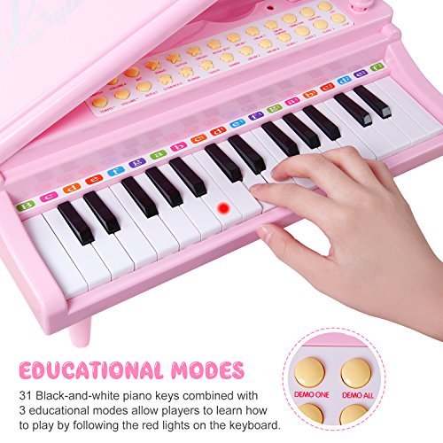 31 Keys Piano Keyboard Toy with Microphone, Electronic Musical Multifunctional Instruments for Girl Toddlers Kids Musical Talent Development, Audio Link with Mobile IPad PC, Pink - Thumbnail 2