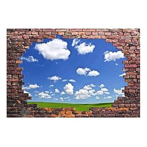 Wall26 - Large Wall Mural - Grassland Viewed Through a Broken Brick Wall | 3D Visual Effect Self-Adhesive Vinyl Wallpaper/Removable Modern Decorating Wall Art - 66" x 96"